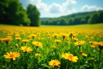 Fototapeta premium Yellow calendula flowers blooming in a lush green field with a few trees, meadow, floral