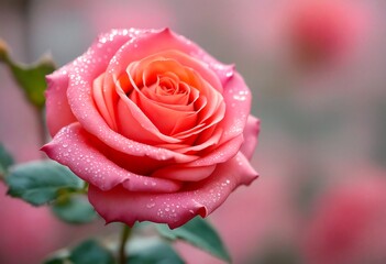 A close-up photograph of a pink rose with water droplets on it.
