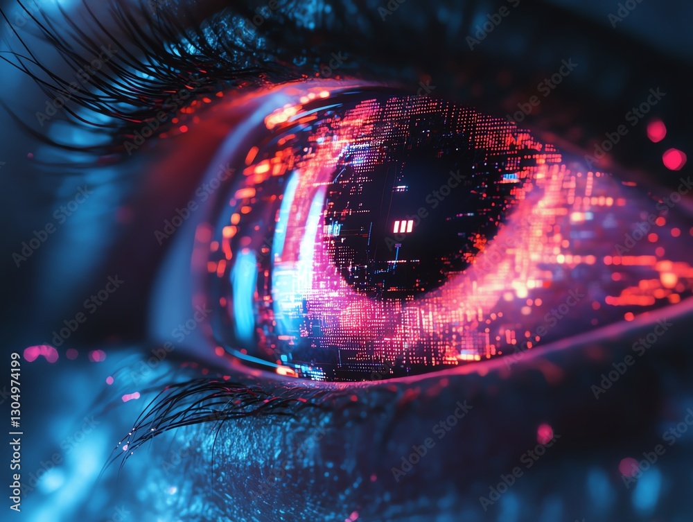 Poster advanced robot eye with illuminated light, digital circuitry, glowing technology, futuristic design,
