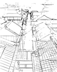 sketch, drawing, house, landscape, illustration, vector, architecture, building, tree, temple, old, vintage, china, ancient, art, painting, picture, farm, village, city, bridge, home, black, travel, r