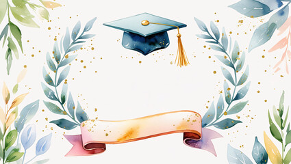 Watercolor Graduation Design with Diploma, Cap, Laurel Wreath, Gold Sparkles, Soft Pastels, Minimalist Aesthetic, Blank Space for Text, Ideal for Cards and Certificates
