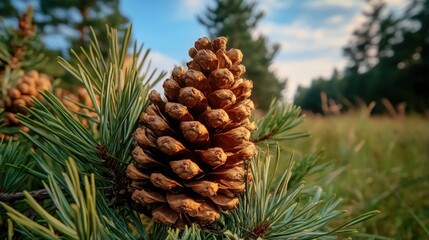 Fototapeta premium Detailed Close-Up of Pine Cone on Evergreen Tree Branch in Nature
