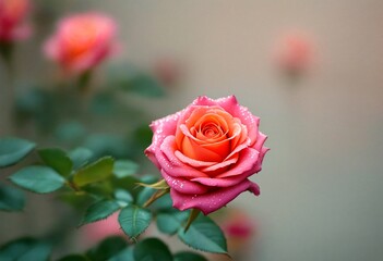 Fototapeta premium A pink rose with dewdrops on its petals and thorns in the background.