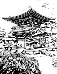 sketch, drawing, house, landscape, illustration, vector, architecture, building, tree, temple, old, vintage, china, ancient, art, painting, picture, farm, village, city, bridge, home, black, travel, r