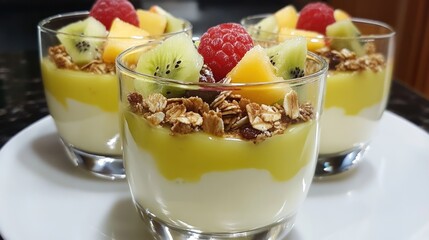 Delicious layered yogurt parfait with fresh fruits and granola