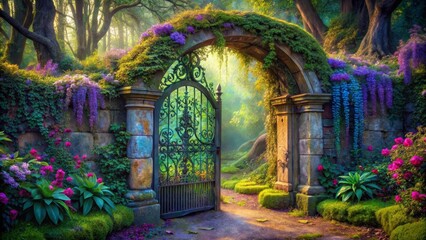 Fototapeta premium Enchanted Garden Gateway A Sunlit Path Beckons Through an Ornate Iron Gate Adorned with Lush Blooming Vines and Flowers