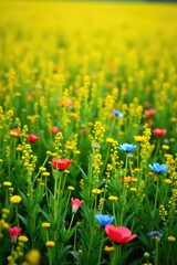 Fototapeta premium Yellow green grass with red and blue flowers in the field, floral, field, nature