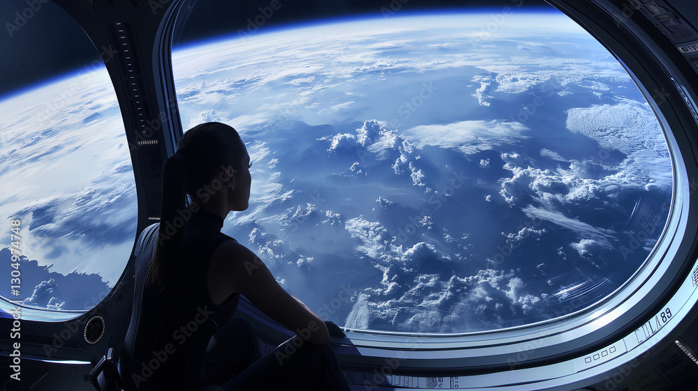 Poster this passenger gazes at earth from a spaceplane window during a suborbital flight.