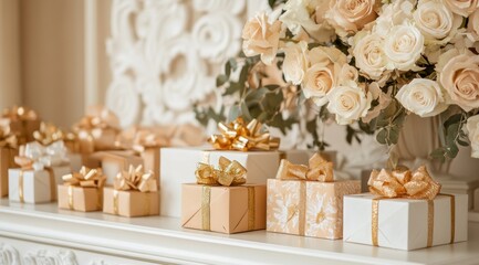 A row of gift boxes in beige and cream colors, tied with gold ribbons, arranged on a white mantelpiece with a bouquet of cream roses.