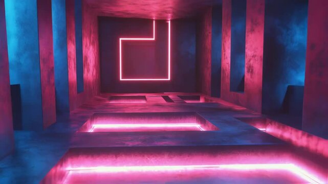 Experience a mesmerizing journey through a futuristic tunnel filled with illuminated geometry. Witness vibrant neon lighting creating an abstract atmosphere during fast paced motion in tube.