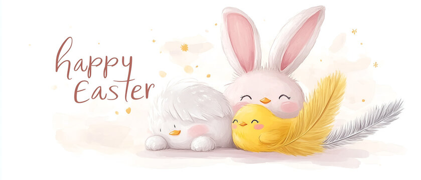 supercute easter animals on happy easter greeting card; white panoramic background