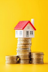 Rising housing costs, miniature houses perched on stacks of coins.