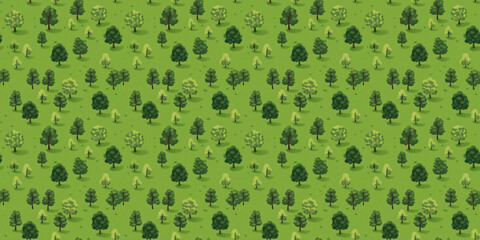 Seamless pattern featuring diverse trees set against a vibrant green background. seamless background trees