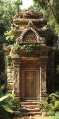 Fototapeta premium Ancient Stone Temple Ruins Overgrown with Lush Greenery in Sunlight