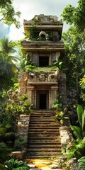Obraz premium Ancient Stone Temple Ruins Overgrown in Lush Tropical Jungle