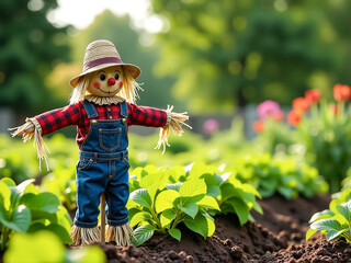 A scarecrow is standing in a field of green plants. The scarecrow is wearing a straw hat and a red