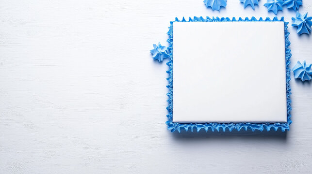 Blue Square cake design: A top-down view captures a cake square adorned with blue frosting and decorative elements. A creative dessert and festive treat for celebrations or events.