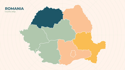Fototapeta premium Map of Romania isolated modern colorful State. Use for Website Layouts, Background, Education, Customizable, Travel Worldwide, Silhouette Backdrop, Earth Geography, Political.