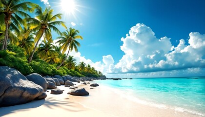 A tropical beach with palm trees and rocks on a sunny day.