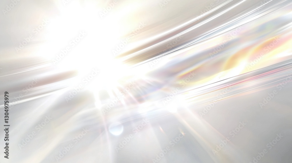 Poster Abstract white background with blurred light rays and iridescent foil waves. Elegant, soft, and dreamy digital art with delicate plastic wrap textures, creating a modern and ethereal visual effect for