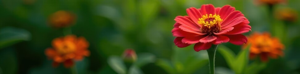 Obraz premium Zinnia stem with leaves and flowers growing in the garden, zinnia, stem