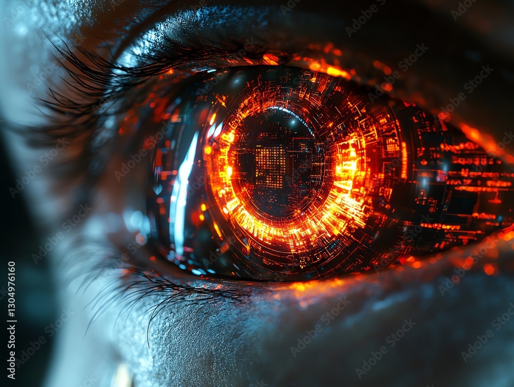 Poster Closeup of a futuristic robot eye, illuminated with vibrant light, advanced technology, metallic surface, digital circuits, glowing in a hightech environment