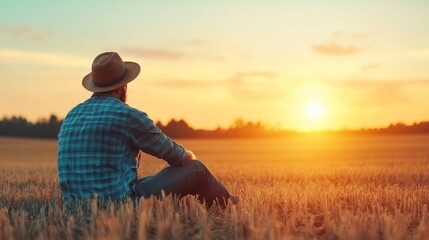 Contemplative man watching sunset over golden field rural landscape nature tranquil environment side view serenity concept