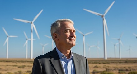 Confident man surveys wind farm under bright sun. AI Generated