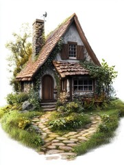 Charming Stone Cottage with Ivy and Brown Roof in Lush Green Landscape