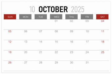 Calendar page for October 2025 year isolated on white background.