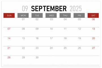 Calendar page for September 2025 year isolated on white background.