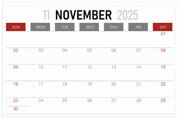 Calendar page for November 2025 year isolated on white background.
