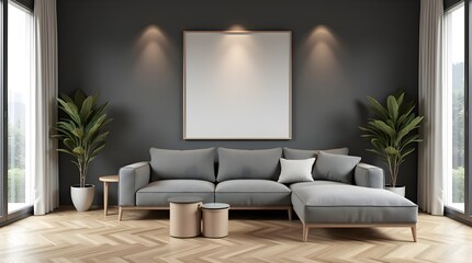 Modern Living Room Wall Poster Mockup with Stylish Interior and House View