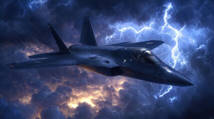 Futuristic military jet soaring through a dramatic stormy sky with flashes of lightning and vibrant clouds