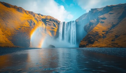 Majestic Waterfall with Rainbow and Lush Mountains in Scenic Landscape with Blue Sky and Clouds Reflecting in Calm Water Body