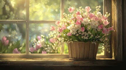Fototapeta premium Delicate Spring Bouquet of Lush Blossoms by the Window