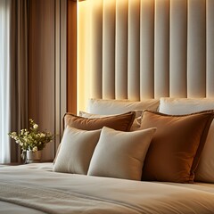 Elegant bedroom furniture featuring a plush cushion on a comfortable bed, cozy pillows, minimalist design, soft lighting, inviting and relaxing atmosphere