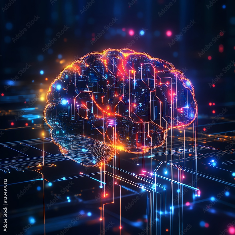 Poster Futuristic digital brain with complex neural networks, artificial intelligence, abstract glowing technology, hightech circuits and data streams, vibrant colors