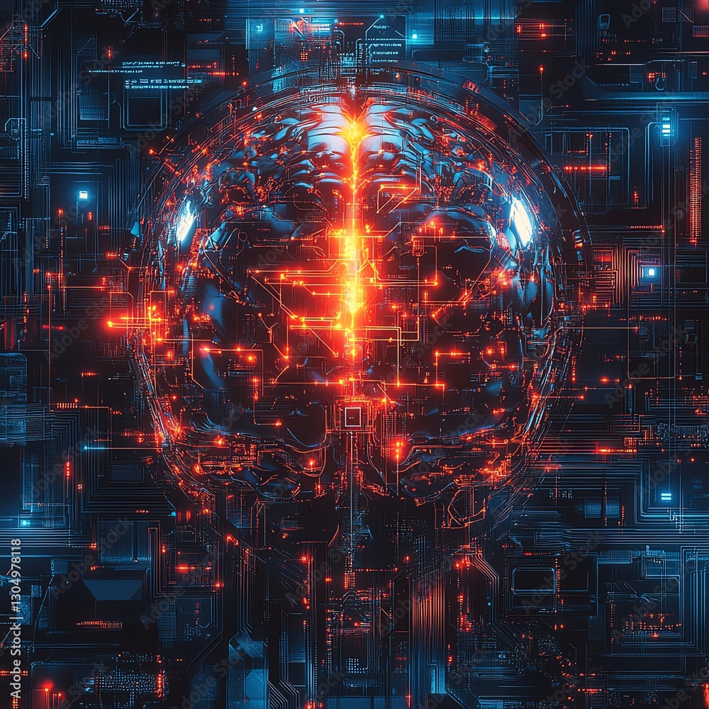 Poster Futuristic digital brain with complex neural networks, artificial intelligence, abstract glowing technology, hightech circuits and data streams, vibrant colors