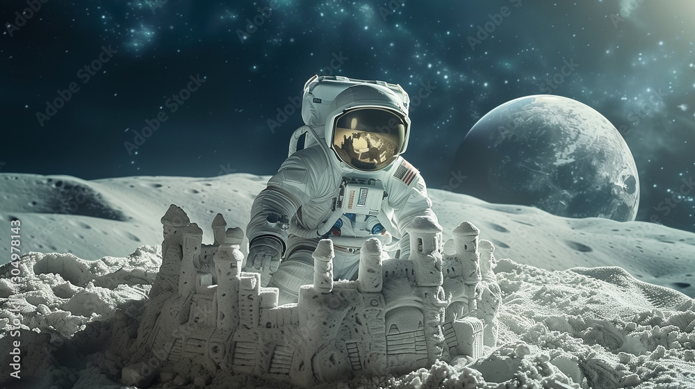Aufkleber This astronaut constructs a sandcastle on the moon's surface in a zero-gravity setting.
