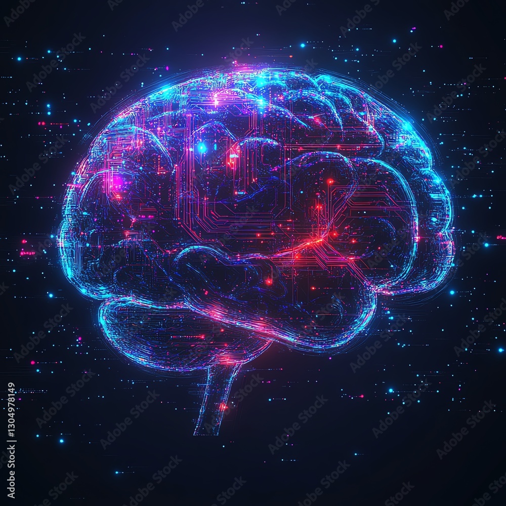 Aufkleber Futuristic digital brain with AI neural pathways, glowing circuits and data flows, artificial intelligence technology, abstract and vibrant neon colors, advanced digital design