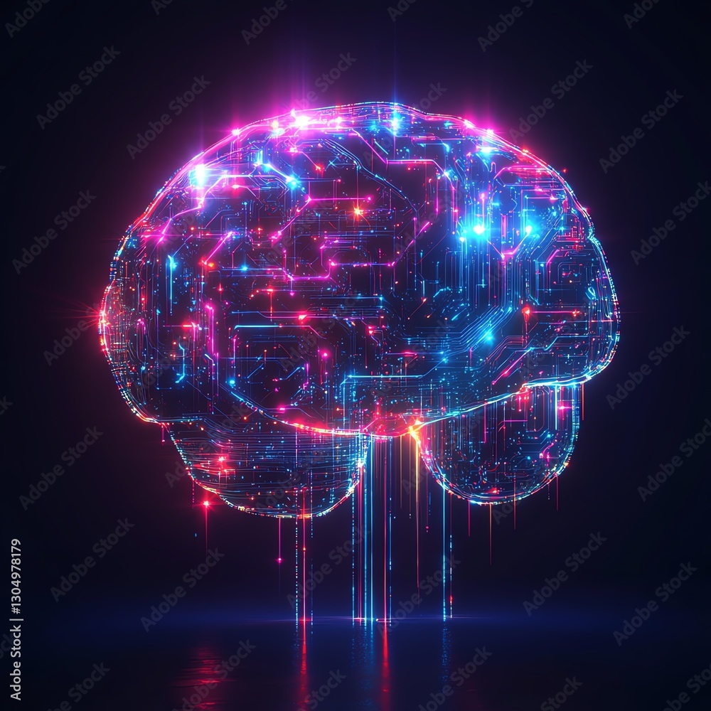 Fototapete Futuristic digital brain with AI neural pathways, glowing circuits and data flows, artificial intelligence technology, abstract and vibrant neon colors, advanced digital design