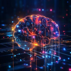 Fototapeta premium Futuristic digital brain with complex neural networks, artificial intelligence, abstract glowing technology, hightech circuits and data streams, vibrant colors