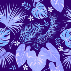 Vector seamless pattern with blue, purple flowers and leaves, jungle background.