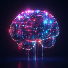 Fototapeta premium Futuristic digital brain with AI neural pathways, glowing circuits and data flows, artificial intelligence technology, abstract and vibrant neon colors, advanced digital design