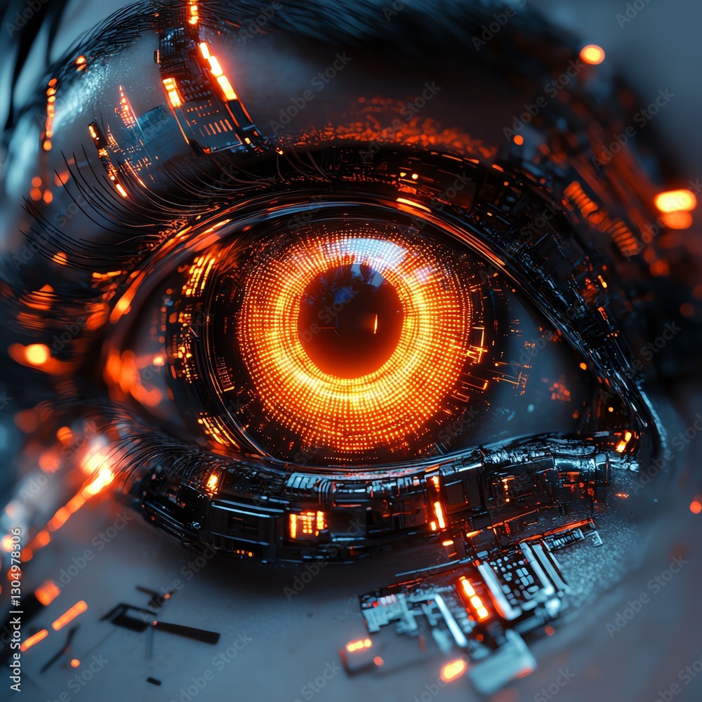 Poster futuristic robot eye illuminated with glowing technology, sleek metallic design, advanced digital ci