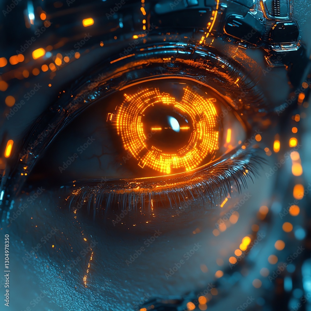 Aufkleber futuristic robot eye with illuminated glowing circuits, sleek metallic design, advanced technology, 
