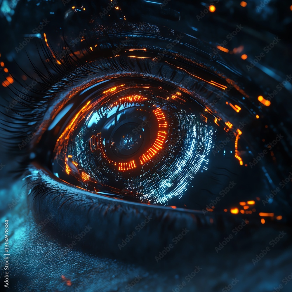 Aufkleber futuristic robot eye with illuminated glowing circuits, sleek metallic design, advanced technology, 