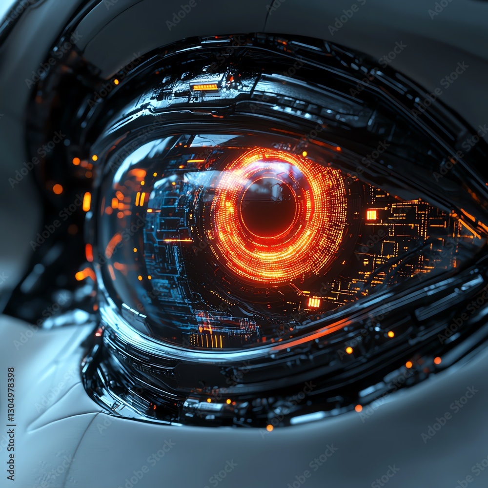 Aufkleber futuristic robot eye with illuminated glowing circuits, sleek metallic design, advanced technology, 