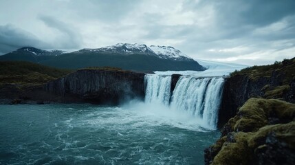 Fototapeta premium Majestic Waterfall Flowing Amidst Snowy Mountain Landscape